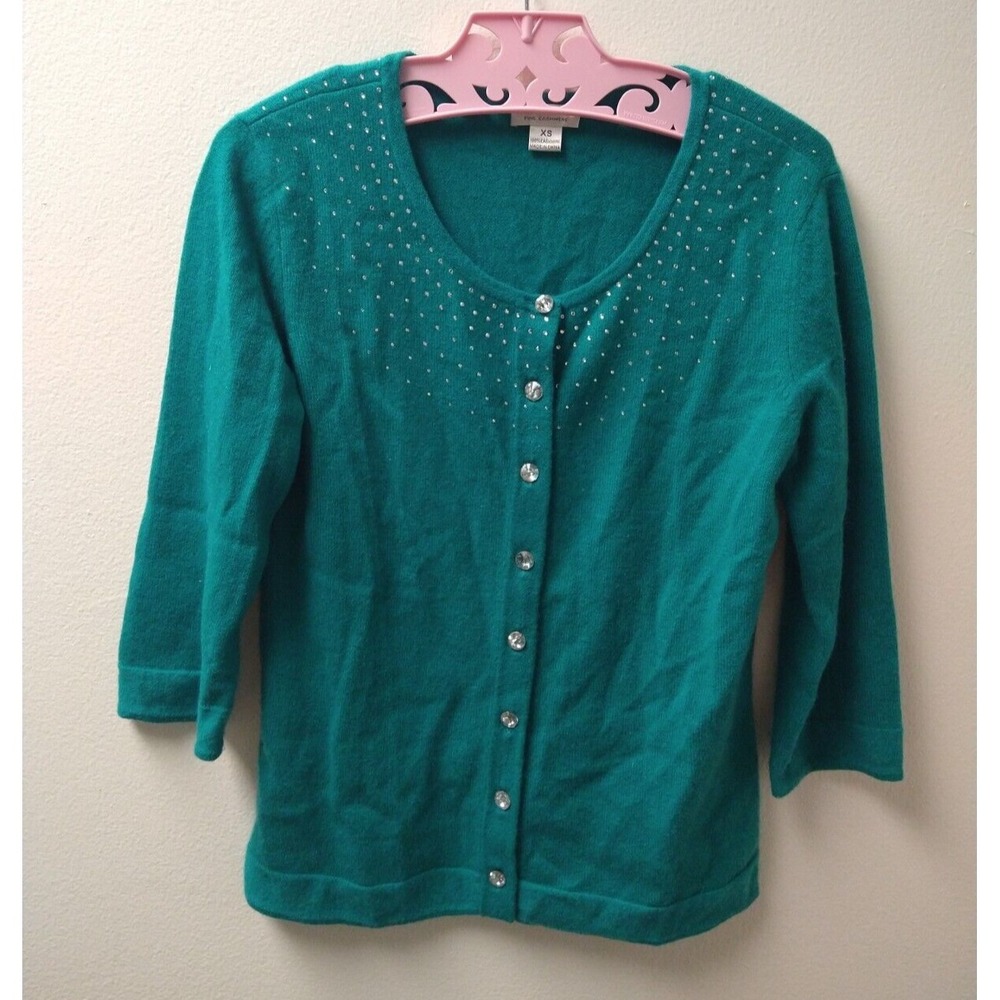 Investments Fine Cashmere Sweater Cardigan Women's XS Teal Green  Rhinestone